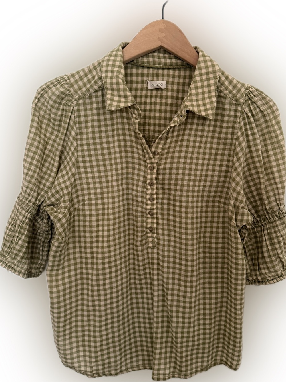 Anthropologie Pilcro Olive Gingham Puff-Sleeve Button-Down Shirt - Picture 4 of 6